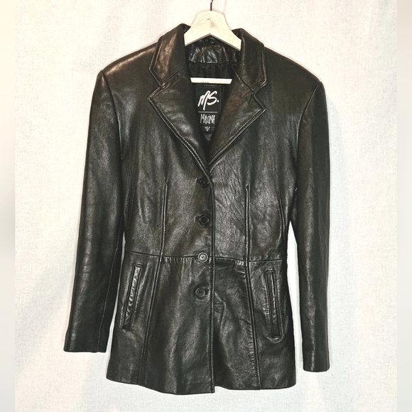 Ms. Maxima black leather coat mid-length trench size women's M - Picture 1 of 13